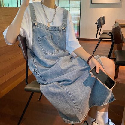 Suspender Square Neck Denim Dress - Image 15