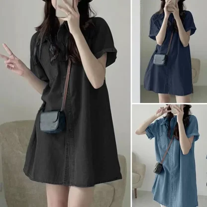 Oversized Turn Down Collar Denim Dress - Image 8